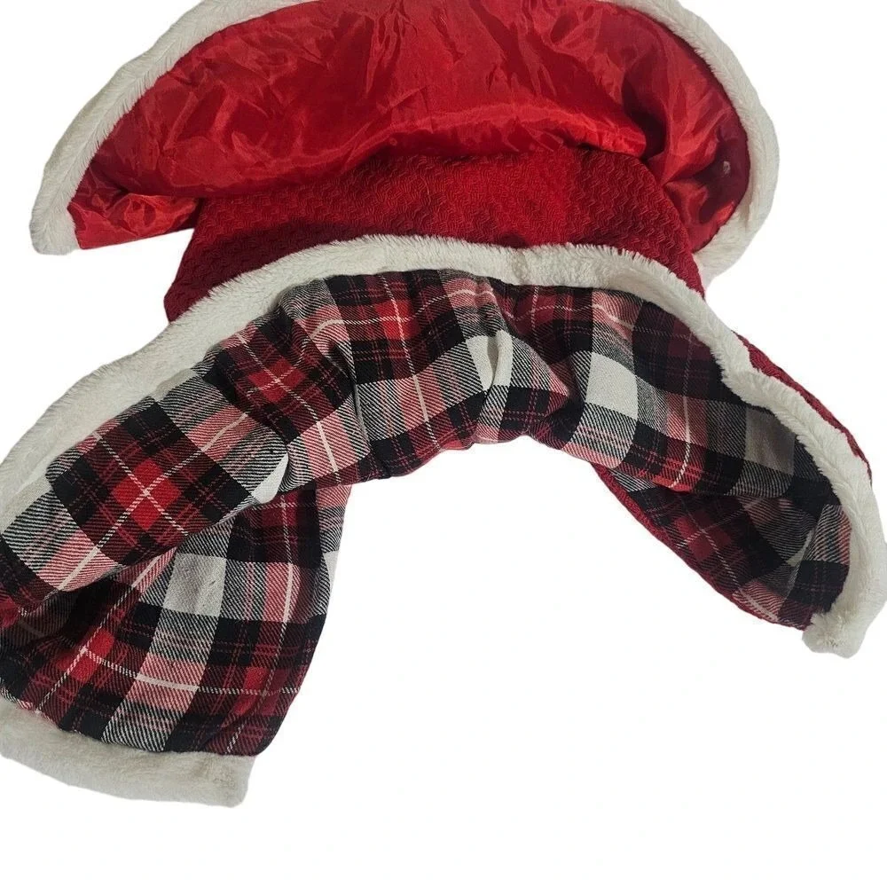 Santa Dress‎ Dog Cat Pet Costume Red Plaid Fuzzy Trim Belted Size L